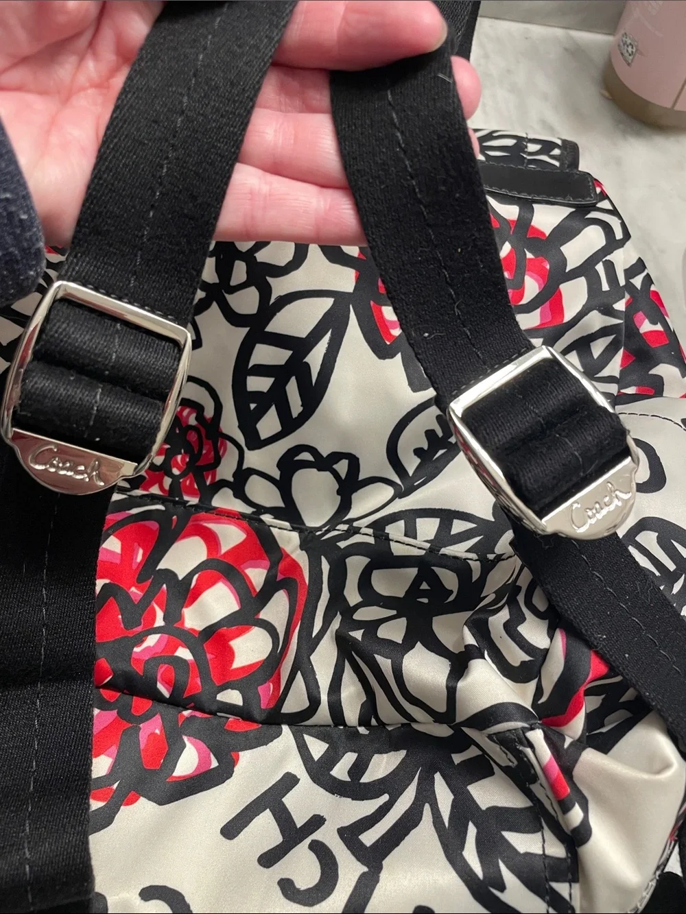 Coach Cream Floral Convertible Backpack with Black & Red Accents - Picture 3 of 12